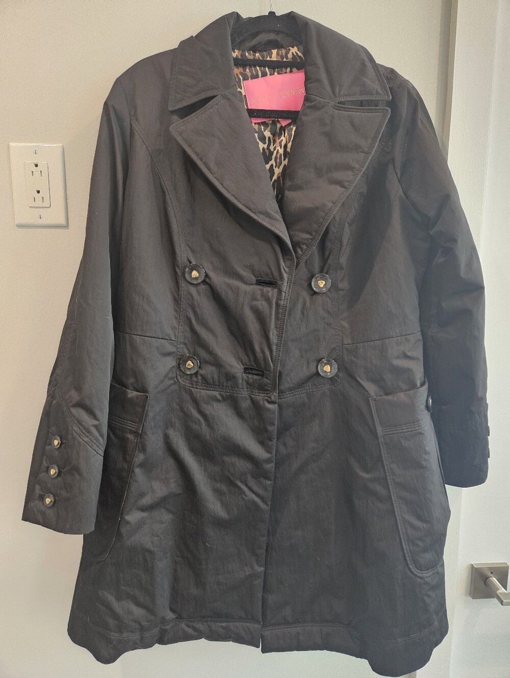 Betsey Johnson Black Raincoat With Leopard Print Lining & Gold Heart Buttons